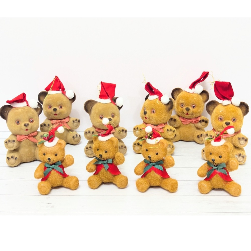 Vintage Flocked Brown Teddy Bear Christmas Ornament Red Bow Santa Hat -Set of 10